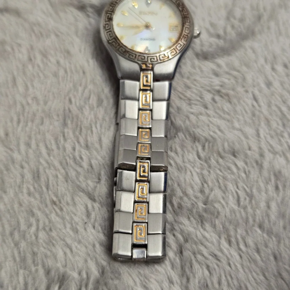 Elgin Diamond Two Tone Greek Key Watch Mother of Pearl Dial Date EG157